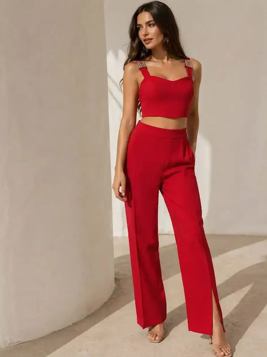 Women's Red Set with High Rise Straight Leg Trousers