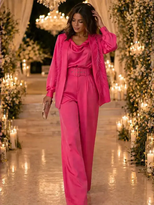 Women's Pink Set with High Rise Loose Fit Trousers