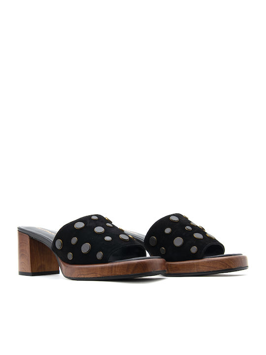 Suede Mules με Ψηλό Τακούνι σε Μαύρο Χρώμα