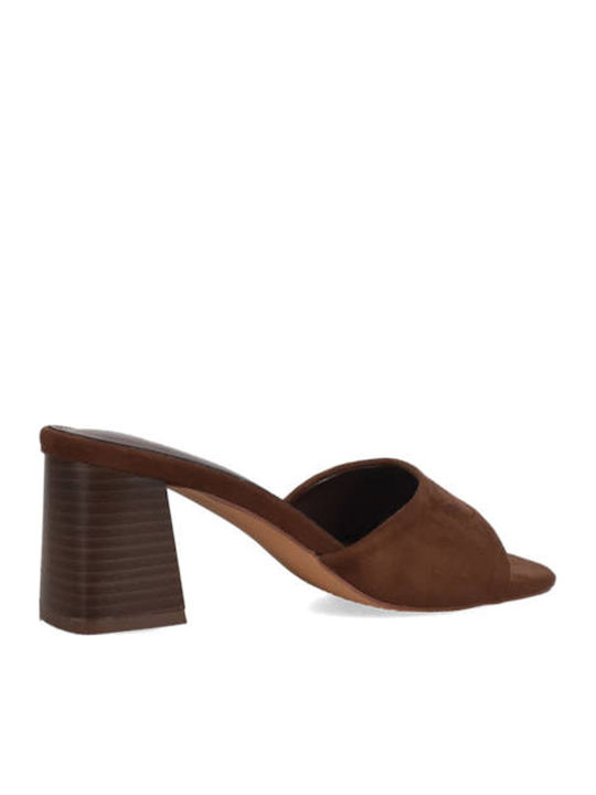 Suede Mules με Χοντρό Χαμηλό Τακούνι σε Καφέ Χρώμα