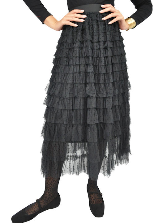 Maxi Skirt with Tulle Polka Dot Black