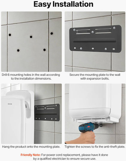 Vevor Plastic Hand Dryer With Sensor In White Colour 1.95kW LSGSJBSSL000DILPE001V2