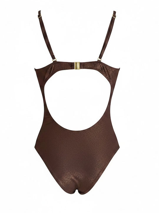 Modern Ocean Women's Sexy One Piece Strapless Swimsuit Shiny Bronze With Gold Rings Open Front Brazil Summer Collection 5147 Bronze