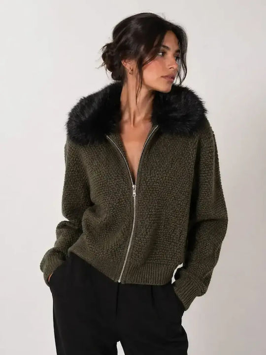 Lange Gestrickte Damen Strickjacke Khaki