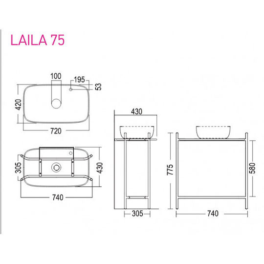 Scarabeo Countertop without Sink L74xW43xH77.5cm Ardesia