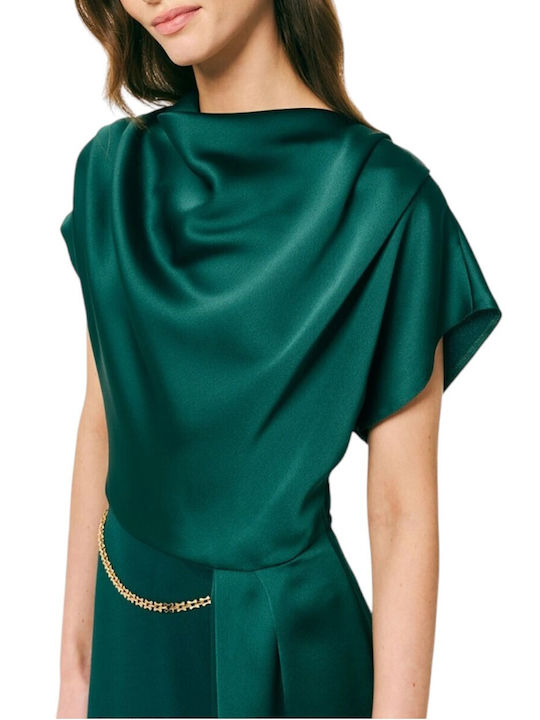 Summer Midi Evening Satin Drape Dress with Tearing Green