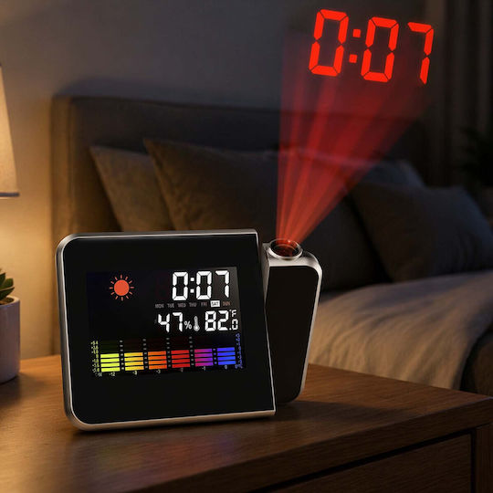 Avizar Digitale Tischuhr mit Wecker Zeitprojektion Temperatur Feuchtigkeitssensoren Schwarz