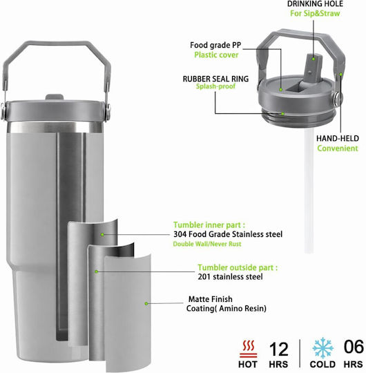 Koupakoupa Handled Tumbler Stainless Steel 890ml Gray with Straw and Handle