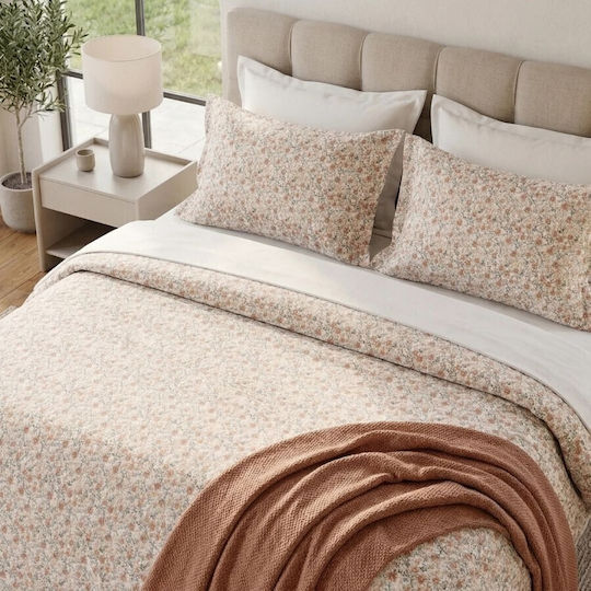Pucioasa Cotton Satin Duvet Cover Set 200x230cm Double With 2 Pillowcases & 1 Bed Sheet Peach Pink Little Flowers