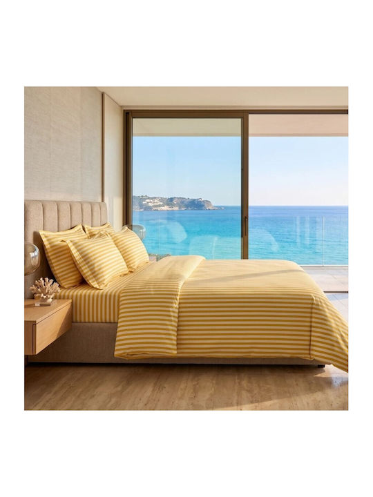 Pucioasa Set Huse Pentru Pilote Bumbac Satinat 200x230cm Dublu Cu 2 Fețe De Pernă & 1 Cearceaf Dungi Galbene
