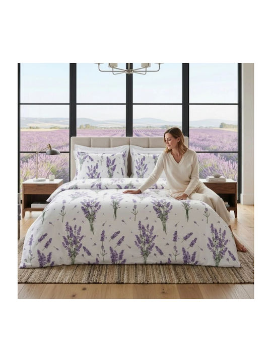 Pucioasa Set Huse Pentru Pilote 200x230cm Dublu Cu 2 Fețe De Pernă & 1 Cearceaf Violet Lavandă