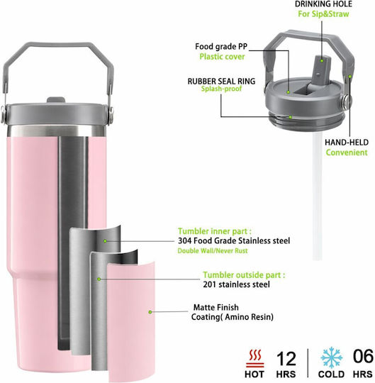 Koupakoupa You're My Lobster Stainless Steel Thermos Bottle 890ml Pink with Straw and Handle