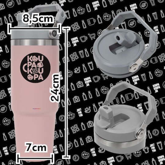 Koupakoupa Bts Signs Pahar Cu Mâner Termos Oțel Inoxidabil 890ml Roz Cu Pai Și Mâner