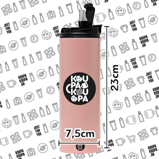 Koupakoupa Better Late Than Ugly Stainless Steel Thermos Bottle BPA Free 600ml Pink with Straw and Handle
