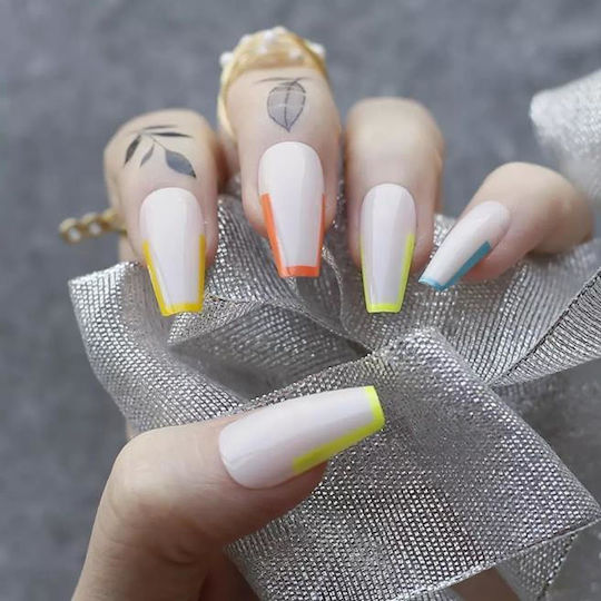 Set 24 Vârfuri False Autocolante Pentru Unghii Neon Colorate Franceze