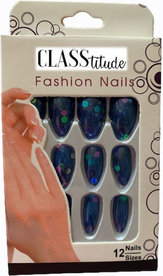 Set 12 Blue Glitter Self-adhesive Press-on False Nails