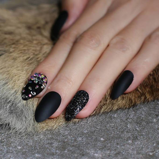 Set 24 Schwarze Mandel Selbstklebende Künstliche Nägel Strass