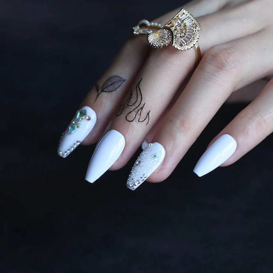 Set 24 Press-on False Nails Ballerina Glossy White Rhinestones