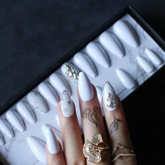 Set 24 Press-on False Nails Ballerina Glossy White Rhinestones