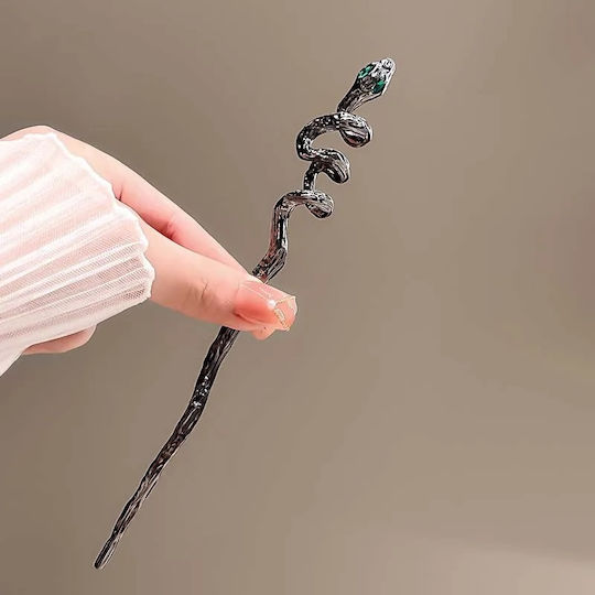 Agrafă De Păr În Formă De Șarpe Metal Negru Detaliu Verde Stil Elegant Misterios Coafuri De Seară Moderne Verzi Negre