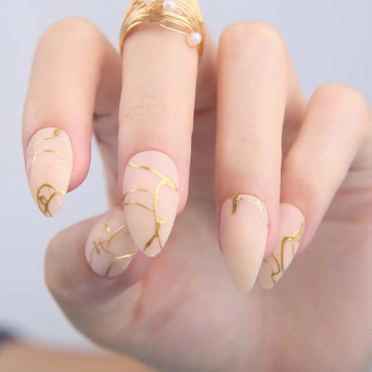 Set 24 Tipsuri Unghii False Presate Culoare Nude Aurie Migdale
