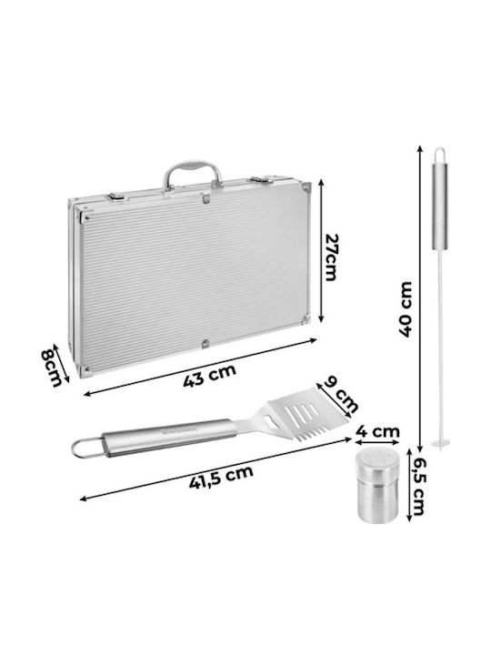 Set 26 Unelte pentru Grătar Premium Accesorii din Oțel Inoxidabil Include Perii Pensete Cuțite Spatulă Frigărui Suporturi pentru Porumb Furculițe Solnițe Geantă Căptușită din Aluminiu Dimensiuni 43 X 27 X 8 Cm Argintiu