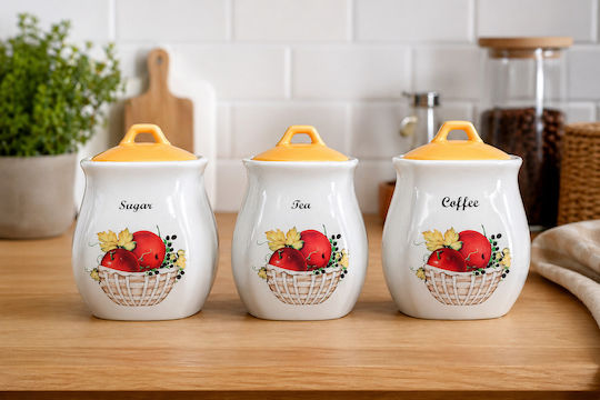 Kitchen Set 3 Pieces Porcelain Jars for Coffee / Tea / Sugar with Lid Brown 12x13cm 3 Pieces