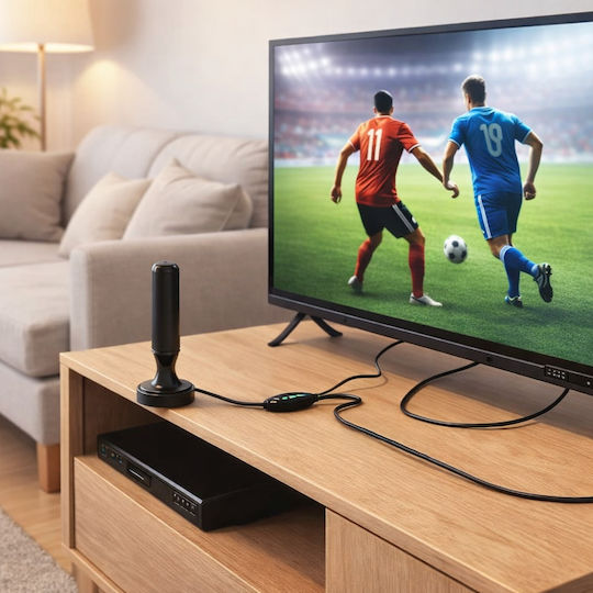 Antena TV Dvb de Interior Zola Amplificator de Semnal Conector Iec Rg-59 Recepție 360 Bază Magnetică Alimentare Usb Neagră