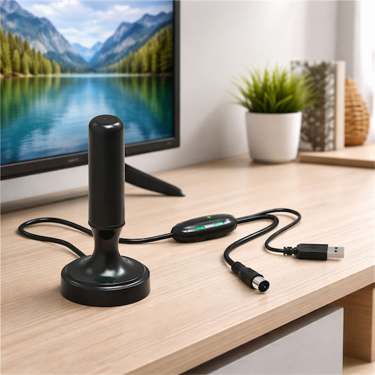 Antena TV Dvb de Interior Zola Amplificator de Semnal Conector Iec Rg-59 Recepție 360 Bază Magnetică Alimentare Usb Neagră