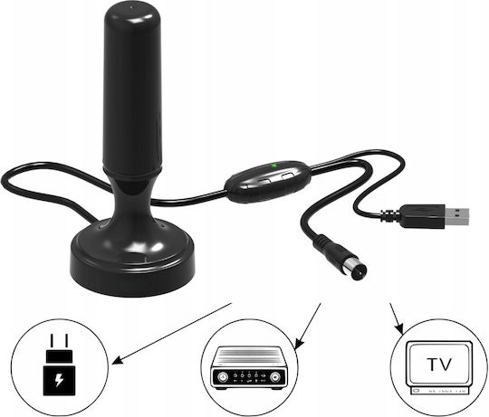 Antena TV Dvb de Interior Zola Amplificator de Semnal Conector Iec Rg-59 Recepție 360 Bază Magnetică Alimentare Usb Neagră