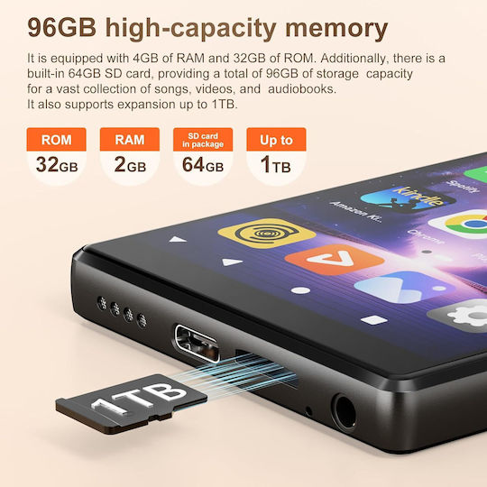 Swofy D26 MP3/MP4 Player 96GB 32GB + 64GB SD Android 13 WiFi & Bluetooth 5.0 5” HD Ecran Tactil Spotify Amazon Music Radio FM 60h Durată Baterie Control Parental Negru