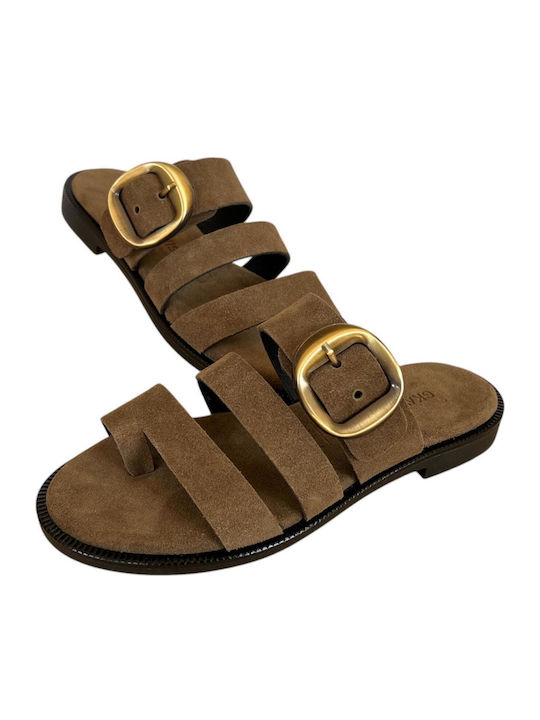 Leather Women's Flat Sandals Brown