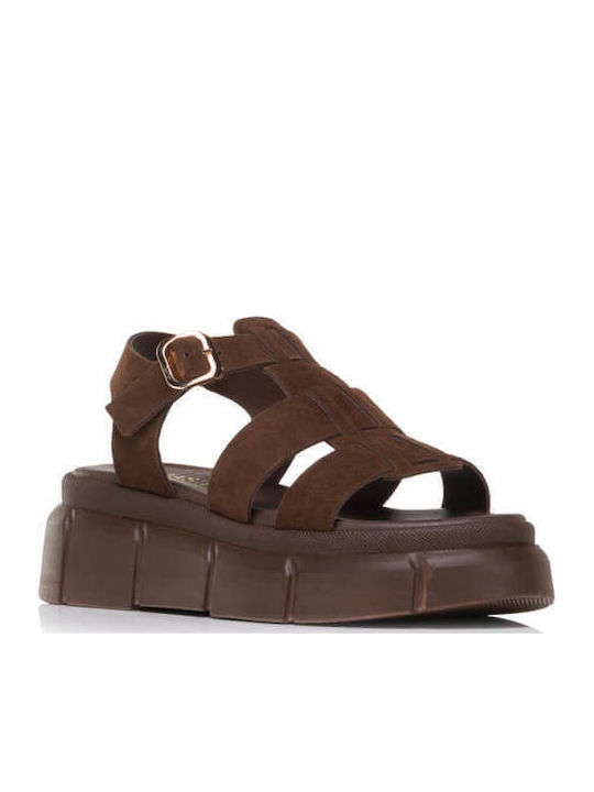 Δερμάτινα Γυναικεία Σανδάλια Flatforms Καφέ