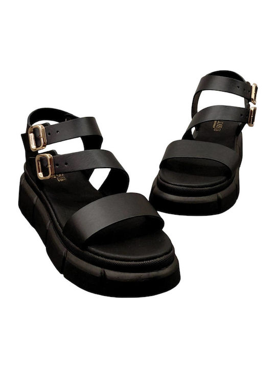 Δερμάτινα Γυναικεία Σανδάλια Flatforms Μαύρα