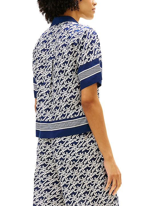 Short Sleeve Women's Silky Shirt Navyblue