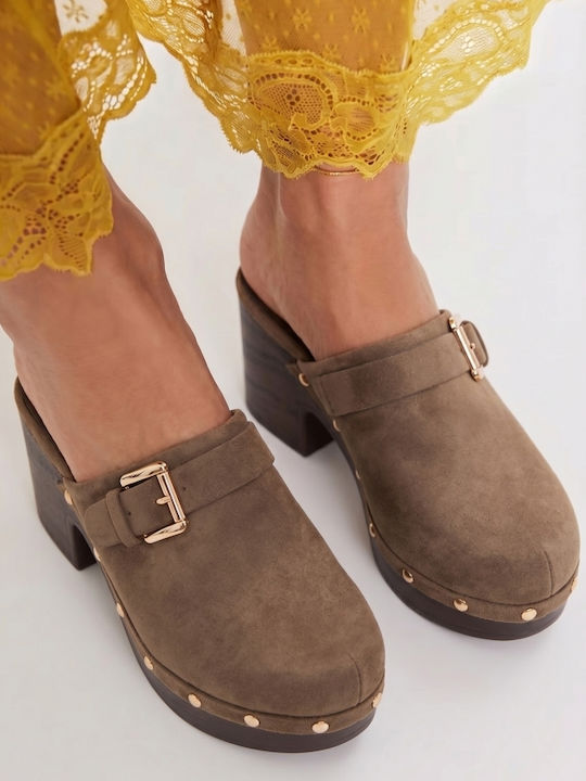 Suede Mules With High Heel In Khaki Colour