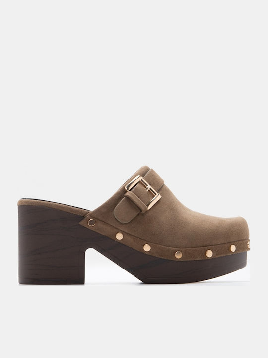 Suede Mules With High Heel In Khaki Colour
