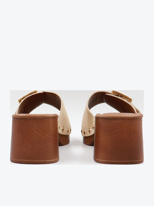 Mules With Heel In Beige Colour