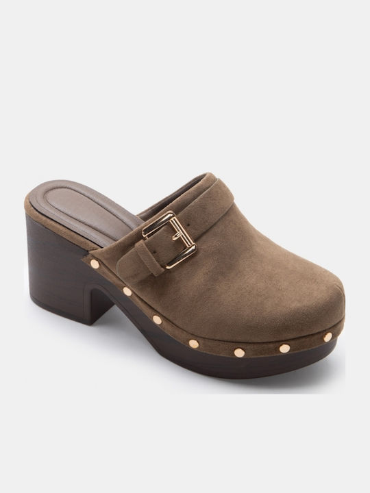 Suede Mules With High Heel In Khaki Colour