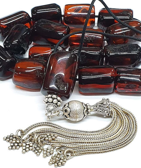 Roloi Komboloi Worry Beads with 15 Amber Beads Length 37cm Burgundy
