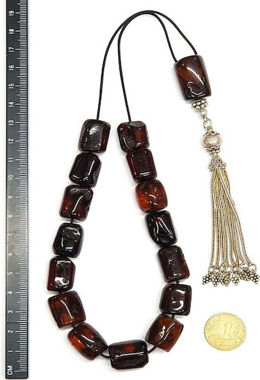 Roloi Komboloi Worry Beads with 15 Amber Beads Length 37cm Burgundy
