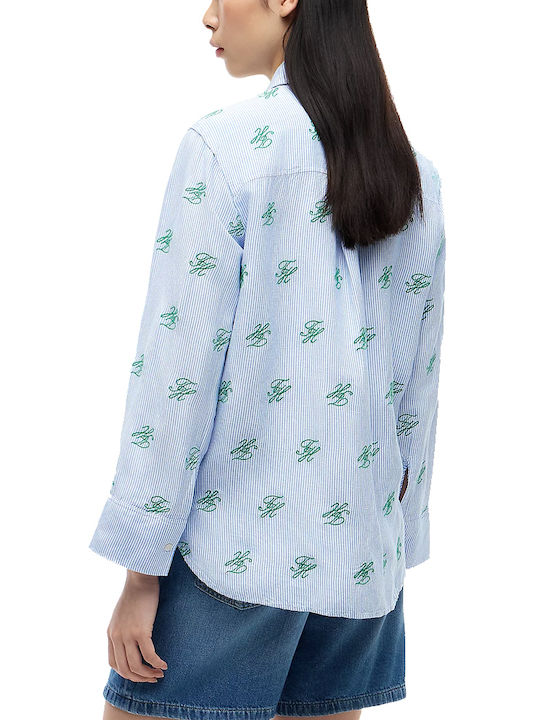 Tommy Hilfiger Long Sleeve Women's Linen Shirt White-Green-Light Blue Tommy Hilfiger Long Sleeve Women's Linen Shirt White-Green-Light Blue