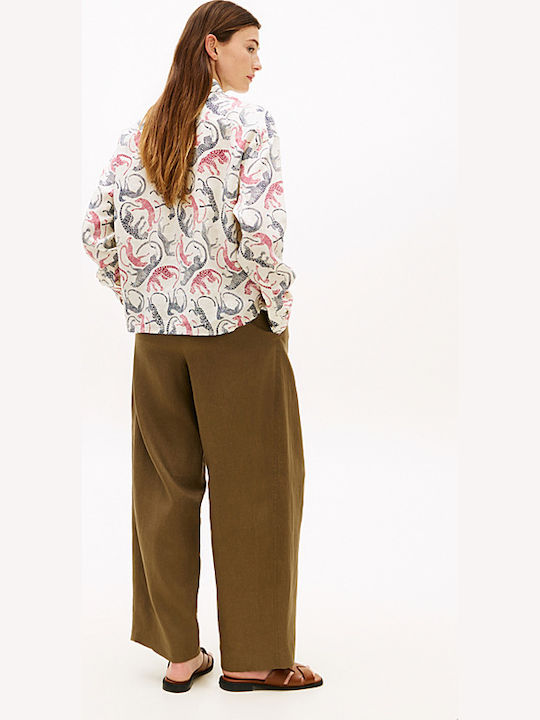 Long Sleeve Women's Linen Shirt Ecru Red Black