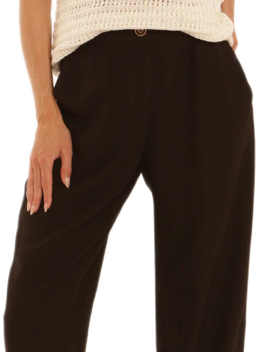 Women's High Rise Fabric Trousers with Rubber Band in Tapered Leg Style Black