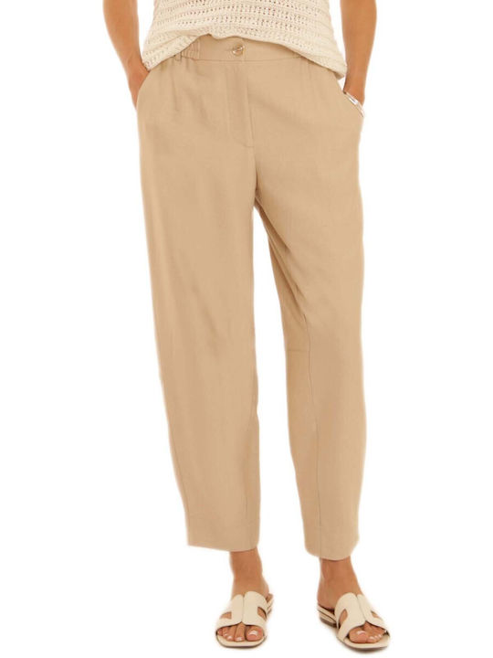 Pomodoro Damen Hochbund Stoffhose mit Gummiband in Verjüngt Bein Stil Beige Pomodoro Damen Hochbund Stoffhose mit Gummiband in Verjüngt Bein Stil Beige