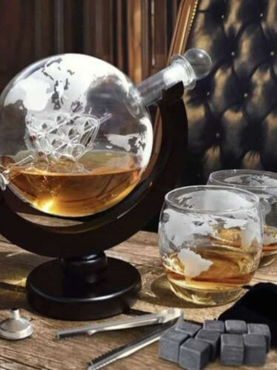 Decantor Din Sticlă Pentru Servire Whiskey 22cm Cu Dop și Pahare Transparente 2 Bucăți