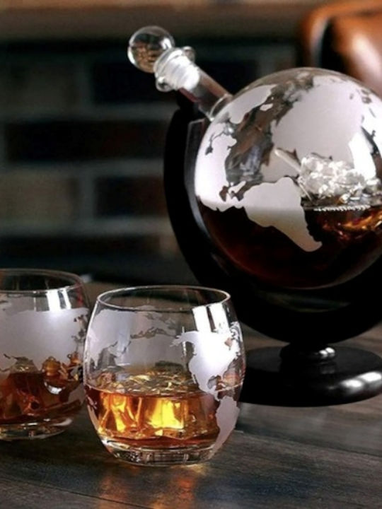 Decantor Din Sticlă Pentru Servire Whiskey 22cm Cu Dop și Pahare Transparente 2 Bucăți