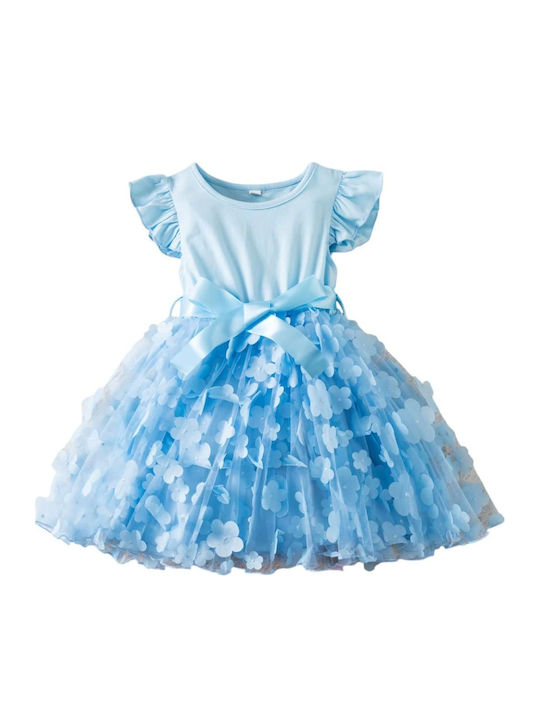 Floral Girls Dress Short Sleeve Light Blue