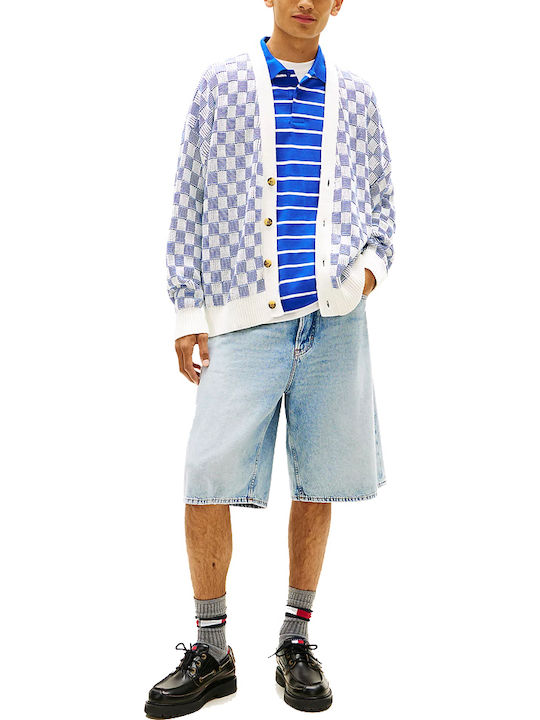 Men's Knitted Cardigan with Buttons White-Blue