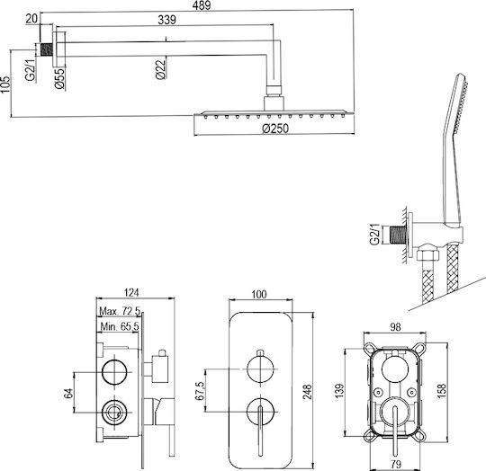 AQG Built-In Mixer Set & Shower Head for Shower Silver
